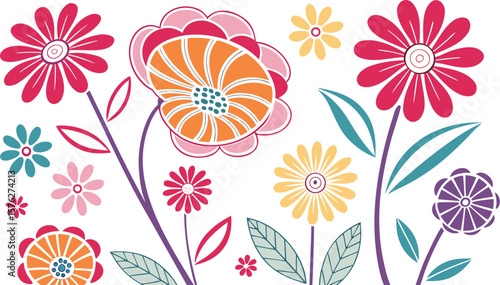 Mod flowers vector graphics. mod flower border patterns. vector flowers. A seamless vector pattern of colorful, abstract mod-style flowers.