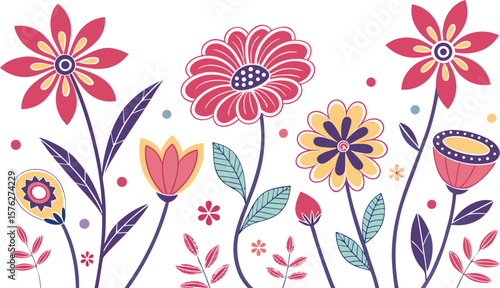 Mod flowers vector graphics. mod flower border patterns. vector flowers. A seamless vector pattern of colorful, abstract mod-style flowers.