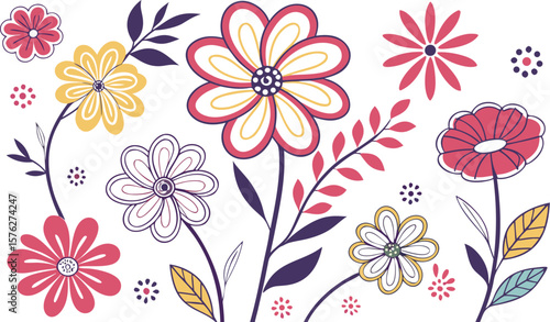 Mod flowers vector graphics. mod flower border patterns. vector flowers. A seamless vector pattern of colorful, abstract mod-style flowers.