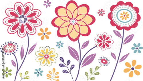 Mod flowers vector graphics. mod flower border patterns. vector flowers. A seamless vector pattern of colorful, abstract mod-style flowers.
