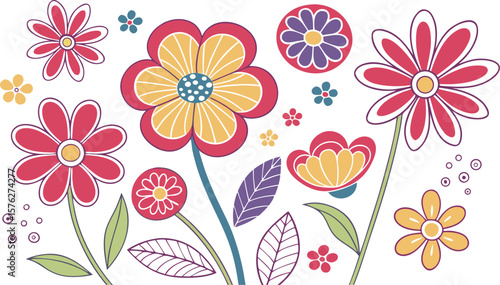 Mod flowers vector graphics. mod flower border patterns. vector flowers. A seamless vector pattern of colorful, abstract mod-style flowers.