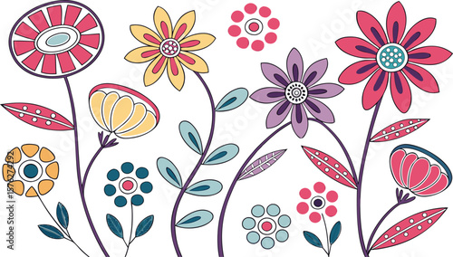 Mod flowers vector graphics. mod flower border patterns. vector flowers. A seamless vector pattern of colorful, abstract mod-style flowers.