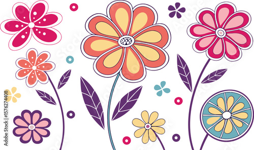 Mod flowers vector graphics. mod flower border patterns. vector flowers. A seamless vector pattern of colorful, abstract mod-style flowers.