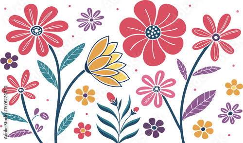 Mod flowers vector graphics. mod flower border patterns. vector flowers. A seamless vector pattern of colorful, abstract mod-style flowers.