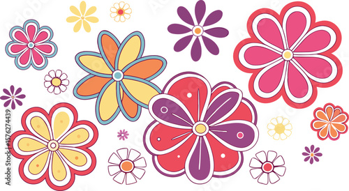 Mod flowers vector graphics. mod flower border patterns. vector flowers. A seamless vector pattern of colorful, abstract mod-style flowers.