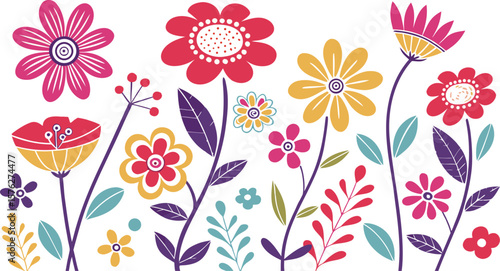 Mod flowers vector graphics. mod flower border patterns. vector flowers. A seamless vector pattern of colorful, abstract mod-style flowers.