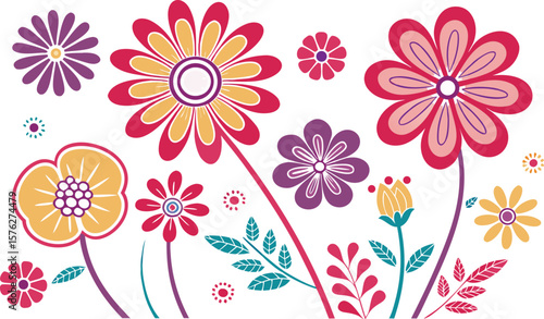 Mod flowers vector graphics. mod flower border patterns. vector flowers. A seamless vector pattern of colorful, abstract mod-style flowers.
