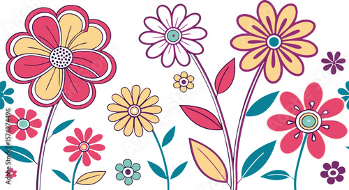 Mod flowers vector graphics. mod flower border patterns. vector flowers. A seamless vector pattern of colorful, abstract mod-style flowers.
