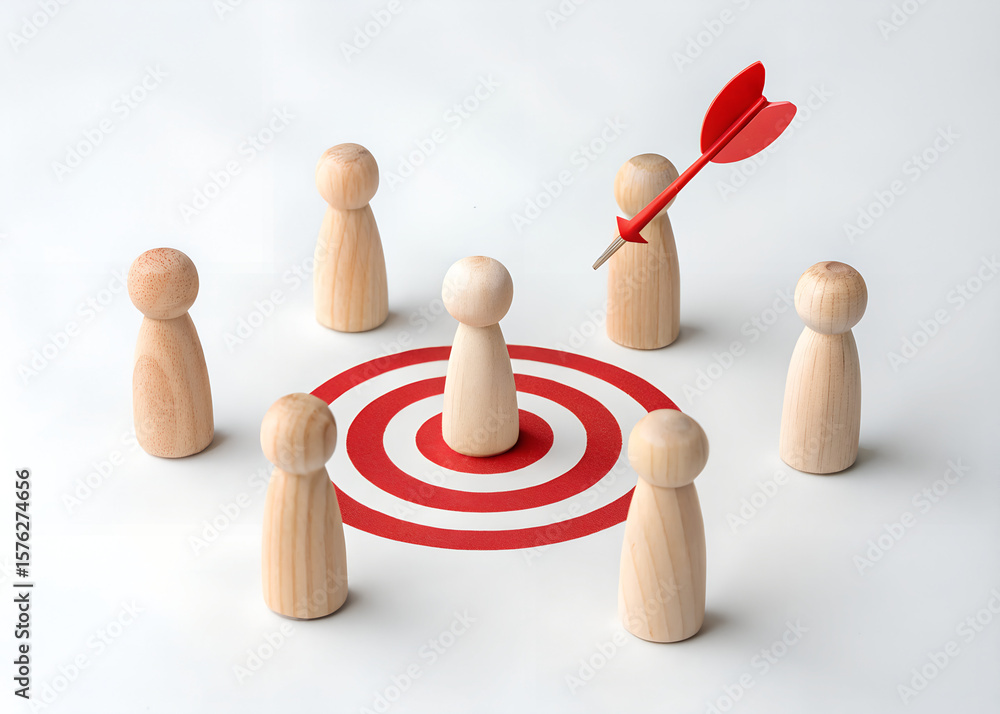 Obraz premium Bullseye Strategy Concept with Wooden Figures, Dart Hit, and Team Goal Metaphor on White Background