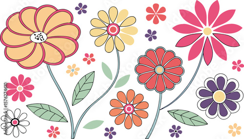 Mod flowers vector graphics. mod flower border patterns. vector flowers. A seamless vector pattern of colorful, abstract mod-style flowers.