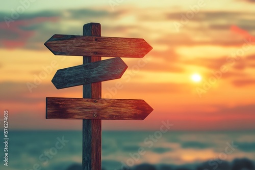 Abstract wooden signpost with blank spaces for different directions on a blurred background of a sunset sky