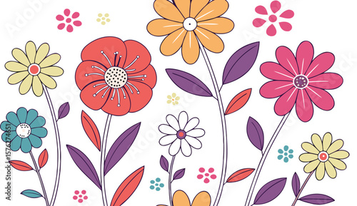 Mod flowers vector graphics. mod flower border patterns. vector flowers. A seamless vector pattern of colorful, abstract mod-style flowers.