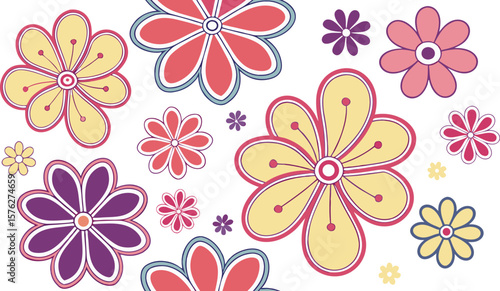 Mod flowers vector graphics. mod flower border patterns. vector flowers. A seamless vector pattern of colorful, abstract mod-style flowers.