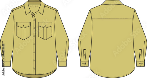 ector illustration of classic beige long sleeve button-up shirt, front and back views, fashion design template, garment, apparel, clothing