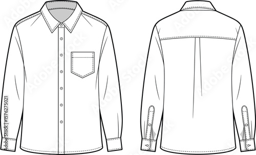 Technical fashion sketch of long-sleeve button-up shirt with front pocket and back yoke, detailed vector illustration for garment design