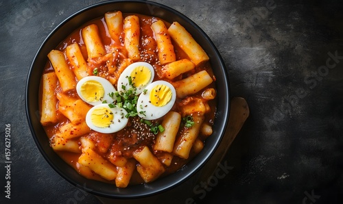 Delicious Korean tteokbokki, or kimchi-flavored Asian noodles with tomato sauce and hard-boiled eggs on top, a traditional Korean food concept