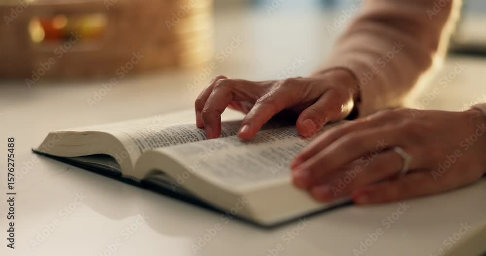 Hands, reading and bible study in home, faith and scripture review for spiritual guide with information. Person, book and knowledge for Christian religion, story and holy literature for God at house