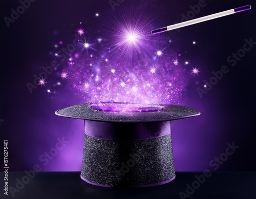 magic wand and hat with sparkling purple magic on dark background