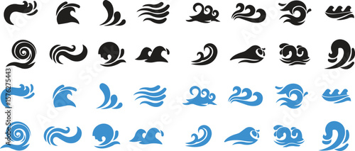 Blue and black water waves vector icons set, flat ocean, sea, ripple, and surf abstract collection, decorative and fluid graphic group, editable design elements for marine, beach, nature,