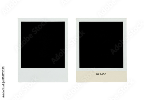 Two vintage instant film photo frames, distressed white borders, black voids, '041450' on right beige strip, isolated on transparent background with copy space, photorealistic UHD commercial
