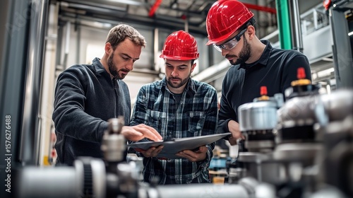 Three engineers in red helmets discuss plans and inspect machinery inside an industrial facility.