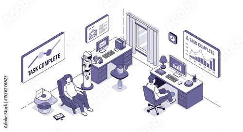 Futuristic home office graphic featuring people, a robot assistant, and data displays showing progress and AI analysis in clean lines.