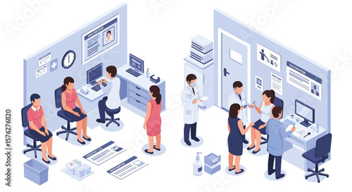 Depicts a medical clinic interior, portraying doctors administering vaccines to patients in an isometric view suitable for health branding.