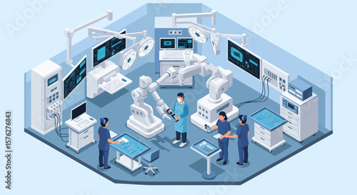 Surgical robots and medical personnel are featured in this isometric view of a modern operating room, illustrating high-tech healthcare.