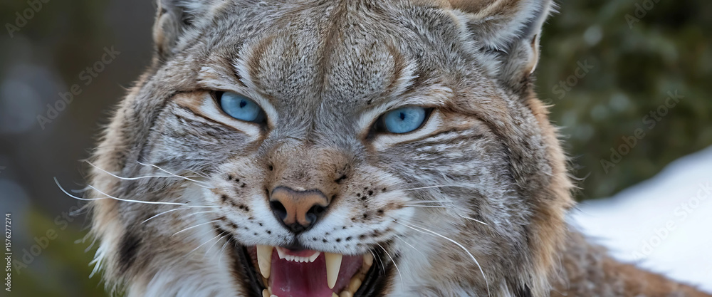 Obraz premium In-your-face close-up of a snarling lynx with a blood-speckled snout, icy blue eyes, and tufts of fur blowing outward in the mountain wind. 