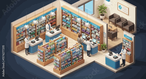 Modern pharmacy interior design showcases medicine, health, and drugstore equipment in a clean, isometric layout ideal for presentations.