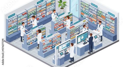 A detailed graphic displays the interior of a pharmacy with staff assisting customers among shelves stocked with medications and health products.