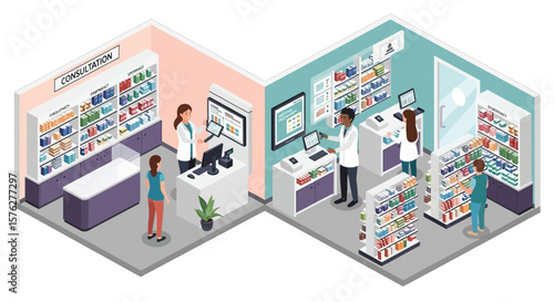 Inside a modern pharmacy with staff serving customers, depicted in an isometric projection highlighting medication and healthcare services.