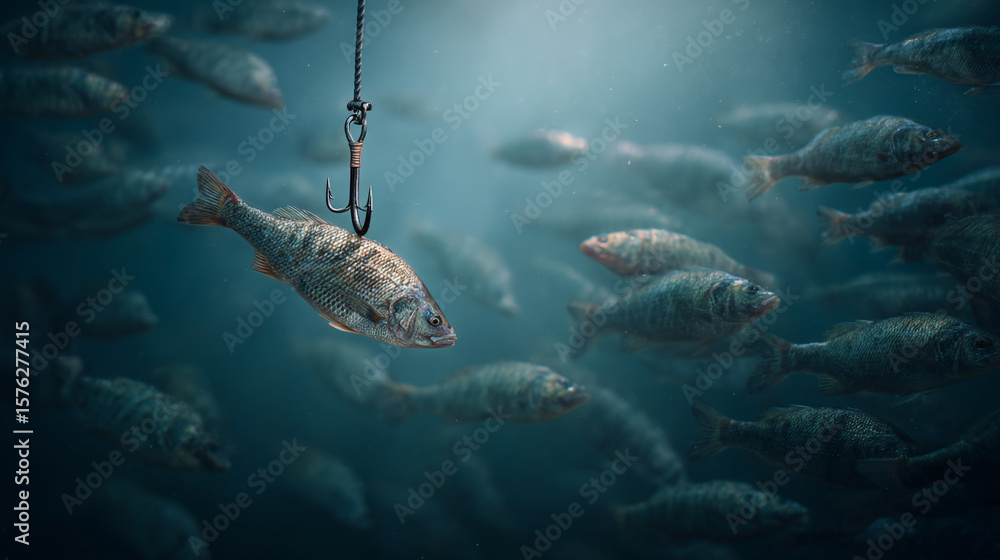 Naklejka premium A fish caught on a hook surrounded by other fish in a dark blue underwater environment scene view