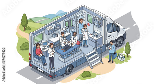 Graphic of a mobile healthcare unit providing medical services, featuring diverse patients and medical professionals in an isometric design.