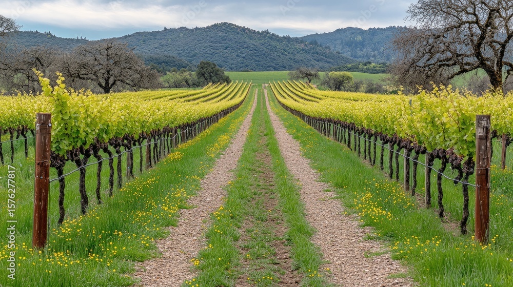 Obraz premium A scenic vineyard vista with rows of flourishing grapevines.