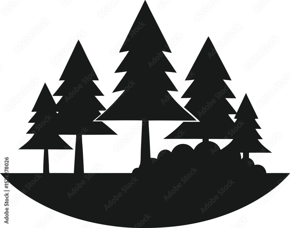 Fototapeta premium Black silhouette of wild deer and forest fir trees, sunset sunrise sun, wildlife adventure hunting landscape panorama illustration icon vector for logo, isolated on white background