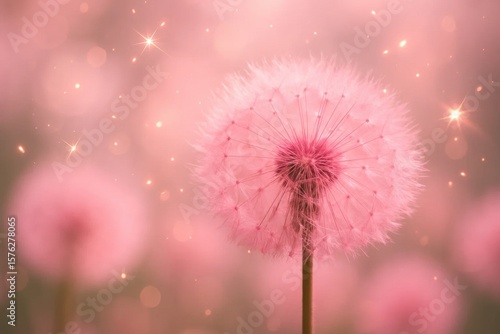 A whimsical dance of pink dandelions under a starry sky