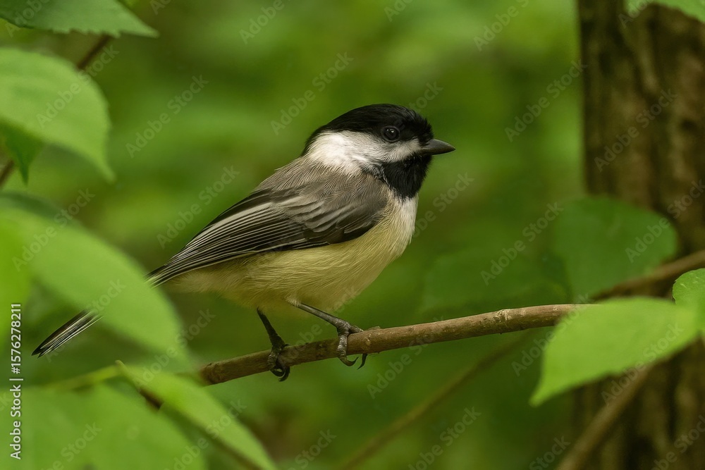 Fototapeta premium A black-capped chickadee perches on a branch, its gaze directed towards the unseen world beyond