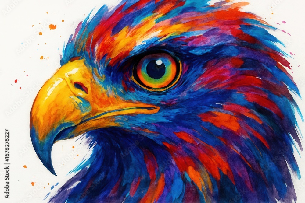 Obraz premium An abstract representation of a bird's head in hues of blue, red, yellow, and green