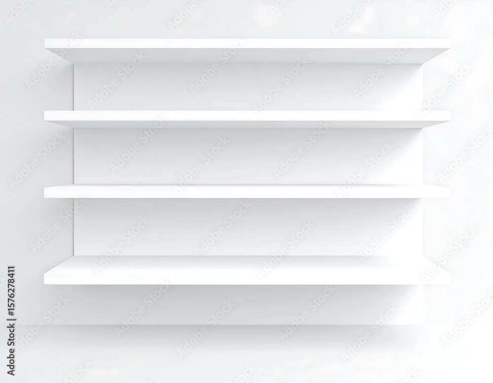 Empty white shelves against a white wall Empty white shelves against a white wall