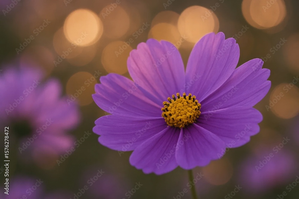 Obraz premium Amidst a hazy backdrop of purple blossoms, a single vibrant purple flower stands out, its yellow center drawing the eye with its radiant beauty