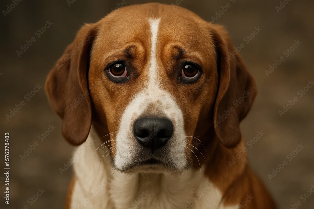 A brown and white dog gazes intently into the camera, its eyes reflecting a sense of longing or anticipation A brown and white dog gazes intently into the camera, its eyes reflecting a sense of longing or anticipation