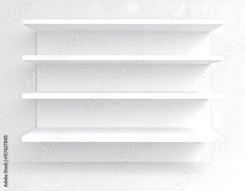 Empty white shelves against a white wall