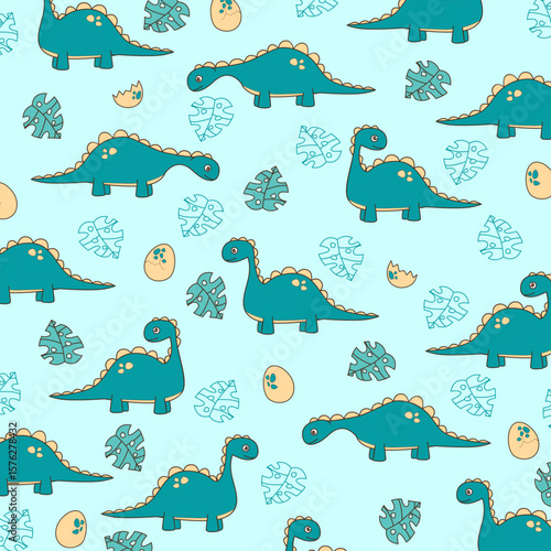 brotosaurus dinosaur cute vector cartoon seamless pattern for kids apparel fullprint fabric