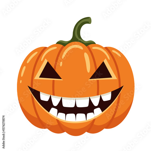 Illustration of a cartoon jack o lantern with a wide toothy grin and triangular eyes on a white background