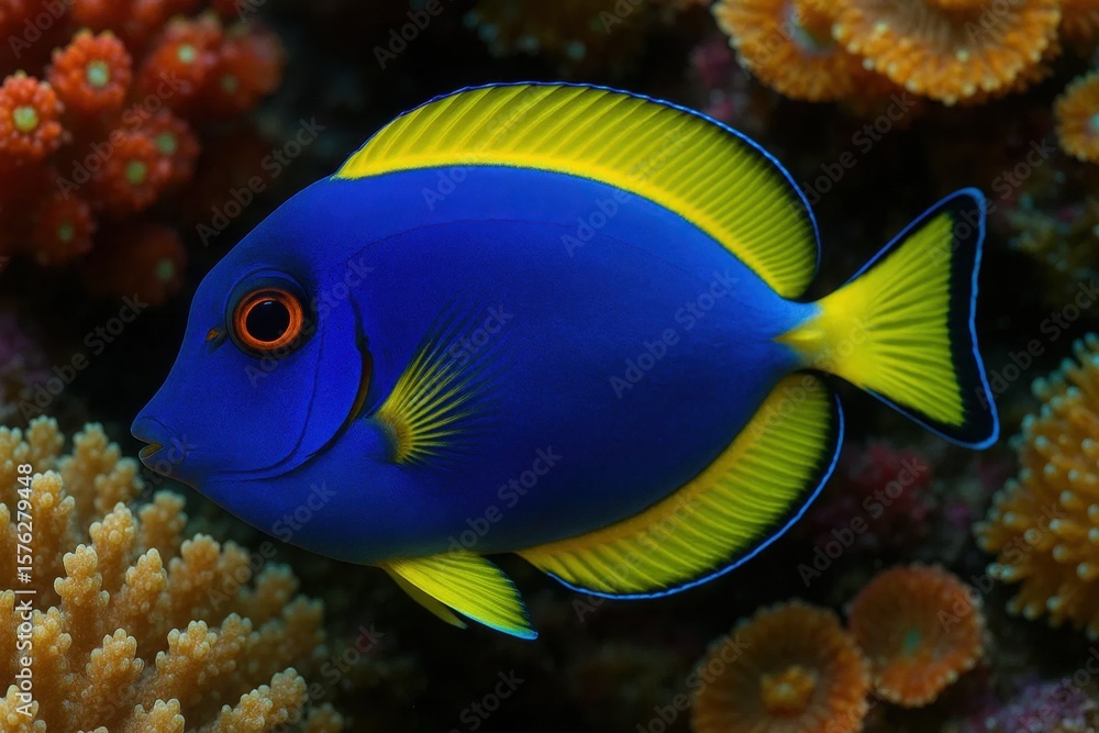 Naklejka premium A vibrant blue nudibranch stands out against a backdrop of orange corals, its vivid colors hinting at the rich biodiversity beneath the ocean's surface