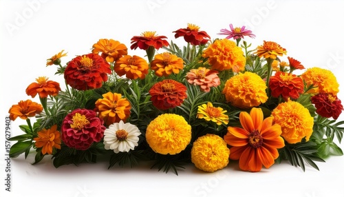 colourful flowers bush of marigolds and zinnias on a white background