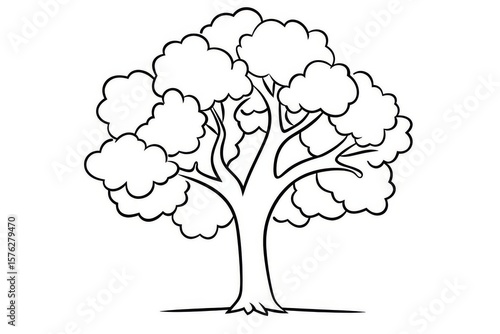 Simple oak tree line drawing vector hand-drawn doodle thick black outline flat 2D cute cartoon kids coloring page