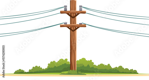 Old Wooden Utility Pole with Power Lines, Vintage Wooden Electric Pole, isolated on transparent vector background, cutout png.pole, old, clip, electricity, faded, horizontal, no people, photography, 