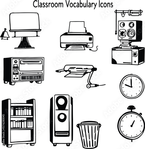 Classroom Vocabulary Silhouette Vector Set – Black and White Icons of School Tech and Essentials